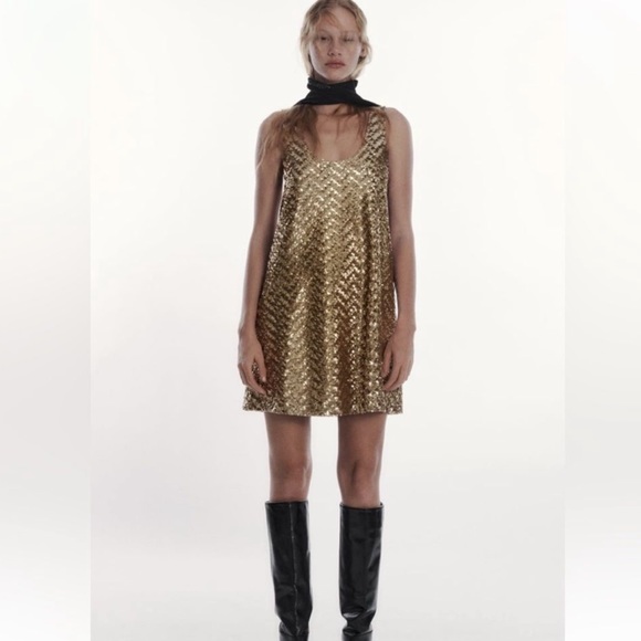 NWT ZARA Gold Sequin Sparkling Mini Dress Short Sleeveless Sack Round Neck - Picture 3 of 15